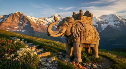 Fototapeta premium Wooden elephant sculpture in the Swiss Alps with snow-capped mountains.