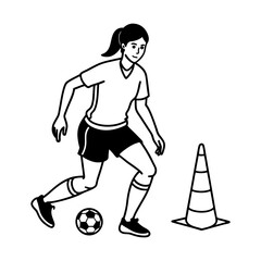 Young woman soccer player practicing dribbling around cones