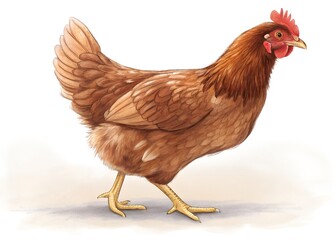 Fototapeta premium Beautiful hen with brown feathers walking on a light surface illustration