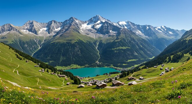 Stunning Alpine Valley with Turquoise Lake and Snow-Capped Mountains.