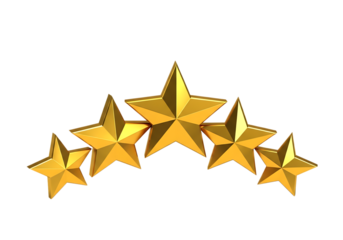 3d illustration of five golden stars arranged in an arc, symbolizing excellence, achievement, and top rating, isolated on transparent background on transparent background
