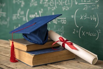 Graduation Cap, Diploma Roll, and Books on Classroom Desk with Chalkboard Math Background

