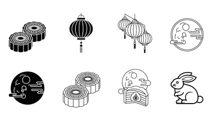 Mid-Autumn Festival icons mooncakes, lanterns, moon, and rabbit
