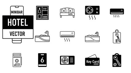 Set of hotel and hospitality service outline icons for travel, accommodation, and booking concepts
