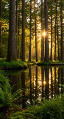 Fototapeta premium Serene Forest Reflection - Sunlight Piercing Through Trees and Water.