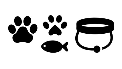 Illustration of a cat collar, fish, and paw prints perfect for petrelated designs, veterinary clinics, or animal welfare campaigns simple, clean, and versatile