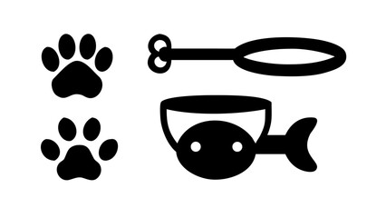 Vector art of black and white illustration of paw prints, a cat teaser, and a fish toy, representing pet care, playfulness, and feline companionship in a simple design