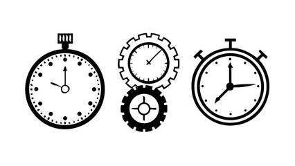 Vector art of a striking vector illustration featuring a collection of clocks and gears, representing time management, precision, and the intricate workings of mechanical systems