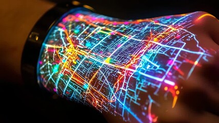 3D holographic map displayed from a wristband illuminates the hand with vibrant city pathways and landmarks during the evening - Powered by Adobe