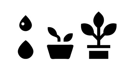 Vector art of growth stages water drop, seedling, and plant in a pot are depicted as black vector icons, illustrating the process of plant growth in a minimalist style