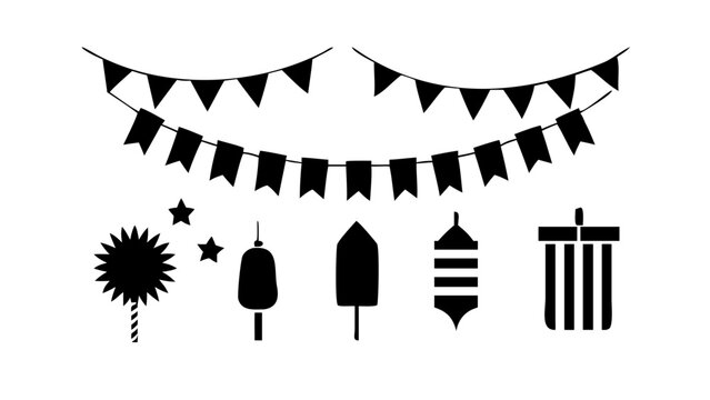 Vector art of a festive vector illustration featuring party flags, stars, and various noisemakers in black silhouette, perfect for celebrating special occasions and holidays