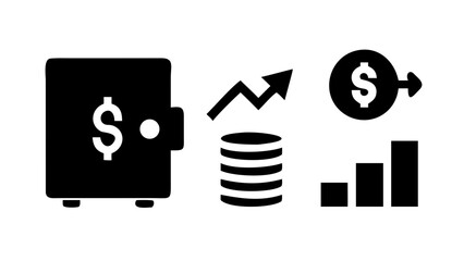 Illustration of a wallet with a dollar sign, coins with an upward arrow, and a bar graph, representing finance, investment, and economic growth