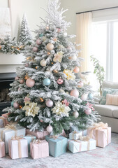 A beautifully decorated Christmas tree with snowy branches and pastel-colored ornaments, surrounded by wrapped gifts in a cozy living room