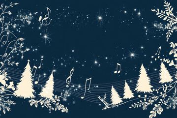 Chic floral border design, navy blue background with white Christmas trees and musical notes, sparkling stars, musical theme Generative AI