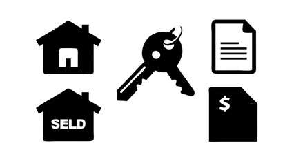 Vector art of real estate transaction icons set of house, key, and document icons symbol of home buying, selling, and ownership transfer