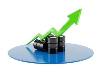 3d illustration of a green upward arrow placed on top of stacked oil barrels, indicating rising oil prices and energy market fluctuations, isolated on transparent background on transparent background
