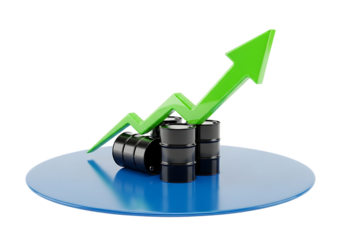 3d illustration of a green upward arrow placed on top of stacked oil barrels, indicating rising oil prices and energy market fluctuations, isolated on transparent background on transparent background