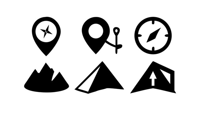 Vector art of outdoor adventure essentials a black and white vector illustration, showcasing icons for mountain exploration, camping, and navigation, perfect for travel and adventure enthusiasts