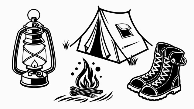 Illustration of camping equipment lantern, tent, campfire, and boots, depicting the essentials for an adventurous and memorable outdoor experience