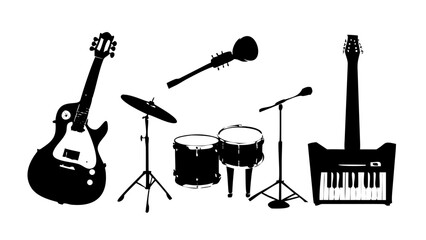 Vector art of silhouette of musical instruments including guitars, drums, and a keyboard represents music, performance, and artistic expression