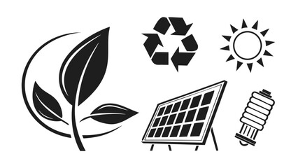 Vector art of illustration showcasing ecofriendly practices, featuring leaves, a recycling symbol, a solar panel, the sun, and a light bulb, symbolizing sustainability and renewable energy