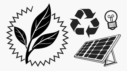 Vector art of illustration showcasing ecofriendly practices, featuring leaves, a recycling symbol, a solar panel, and a light bulb, symbolizing sustainability and renewable energy