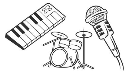 Vector art of a captivating illustration showcasing a keyboard, drum set, and microphone, , perfect for music enthusiasts and creative projects seeking a harmonious blend of instruments