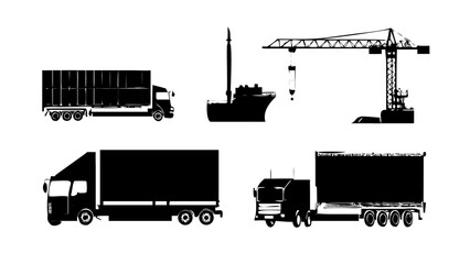Vector art of silhouette illustration of various heavy transportation vehicles, including truck, ship, and crane, suitable for industrial and logistics designs