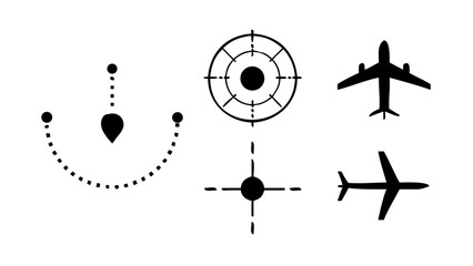 Illustration of various navigation and transportation icons, including airplane, location pin, and target symbols, perfect for travel and logistics designs