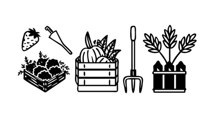 Vector art of line art illustration of various fruits, vegetables, and gardening tools in crates, including strawberries, pumpkins, and a pitchfork
