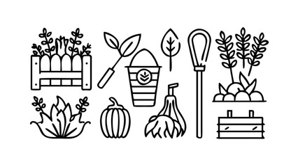 Vector art of set of vector line icons of gardening and farming garden tools, vegetables, fruits, plants, fence, crate, pumpkin, squash, rake, shovel, leaf