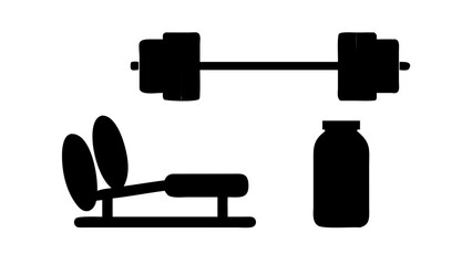 Vector art of gym equipment silhouette a barbell, a weight bench, and a protein supplement, representing fitness, strength training, and nutritional support for workouts