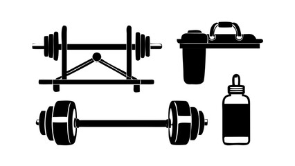 Vector art of gym equipment silhouette a barbell on rack, a water filter, and a dropper bottle, representing fitness, hydration, and supplement for health and wellness
