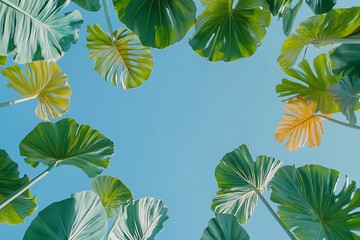 Green leaves frame and blue sky. Bottom up view. AI generated