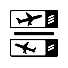 Vector art of two black and white icons show airplanes taking off and landing, the top icon shows a plane taking off, while the bottom icon shows a plane landing