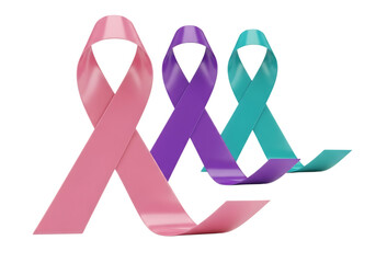 3d illustration of three awareness ribbons in pink, purple, and teal, representing support for various causes and solidarity, isolated on transparent background on transparent background