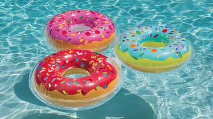 Colorful inflatable donut floats rest on the sparkling water during a sunny day at the pool.