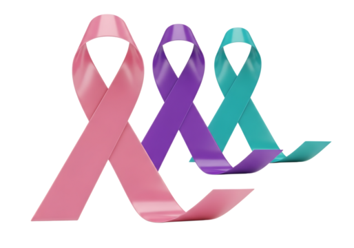 3d illustration of three awareness ribbons in pink, purple, and teal, representing support for various causes and solidarity, isolated on transparent background on transparent background