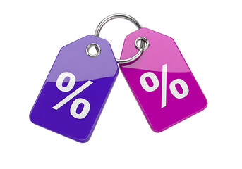 3d illustration of two shiny discount tags with percentage symbols, one purple and one pink, connected by a ring, isolated on transparent background on transparent background