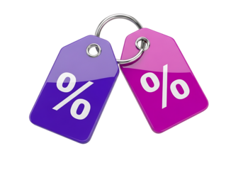 3d illustration of two shiny discount tags with percentage symbols, one purple and one pink, connected by a ring, isolated on transparent background on transparent background