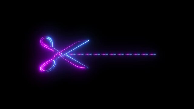 Glowing neon Scissors icon isolated on black background. Cutting tool icon sign. colorful neon scissors cut icon. 4k motion video.