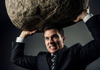 Businessman Lifting a Giant Rock Representing Pressure and Effort