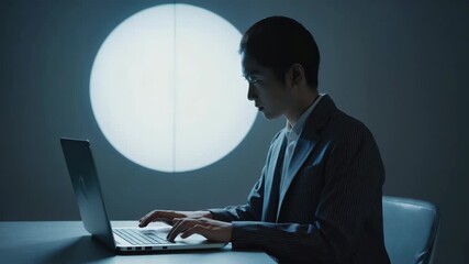 A businessman in suit working late at night on laptop under round spotlight, symbolizing career ambition, technology, dedication, corporate lifestyle, modern work, focus, productivity, determination. - Powered by Adobe