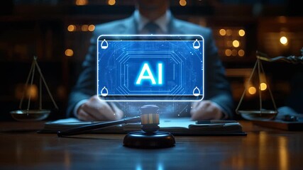 Businessman in formal suit sitting at desk, futuristic glowing digital AI interface hologram, artificial intelligence, technology in law, innovation, digital transformation, corporate decision making - Powered by Adobe
