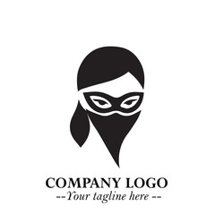 Elegant Woman Wearing Mask Logo Symbol in Black on White Background with Minimalist Modern Design