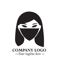 Elegant Woman Wearing Mask Logo Symbol in Black on White Background with Minimalist Modern Design