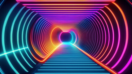 Colorful neon tunnel with futuristic glowing lines creating vibrant digital motion effect, ideal for technology, nightlife, and cyber visuals.