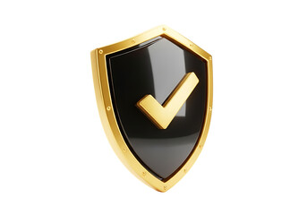 3d illustration of a goldenbordered black shield with a golden checkmark, isolated on a transparent background, representing security, protection, and verification on transparent background