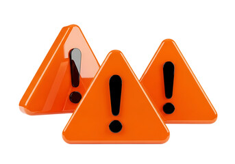 3d illustration of three orange triangular warning signs with black exclamation marks, isolated on a transparent background, symbolizing danger, caution, and alerts on transparent background