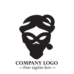 Elegant Woman Wearing Mask Logo Symbol in Black on White Background with Minimalist Modern Design